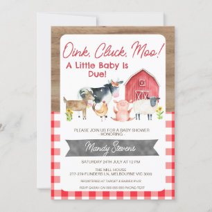 Red Gingham och Wood Baby dusch Farm-inbjudan Inbjudningar