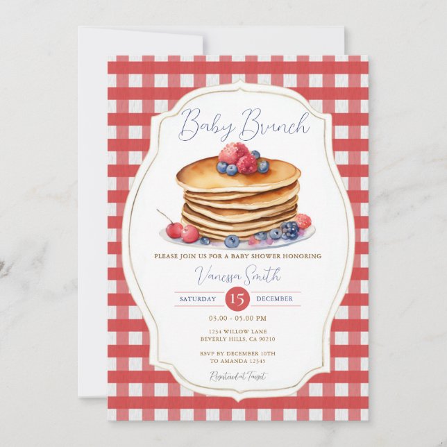 Red Gingham Pancake Baby Brunch Berry Baby Shower Inbjudningar (Framsida)