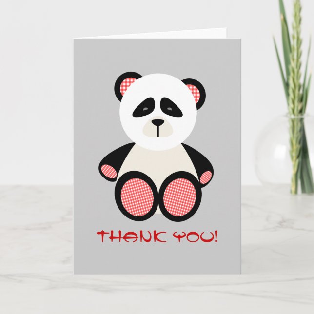 Red Gingham Panda Bear Baby Shower Tack Kort (Framsida)