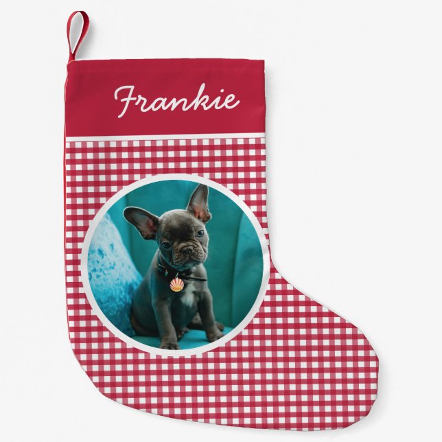 Red Gingham Pet Photo Liten Julstrumpa (Framsidan)