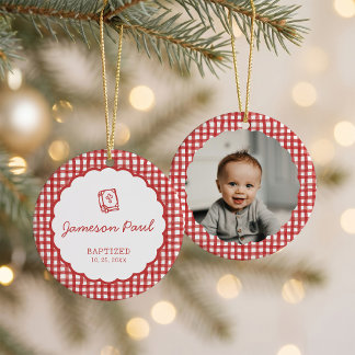 Red Gingham Photo Baptism Julgransprydnad Keramik