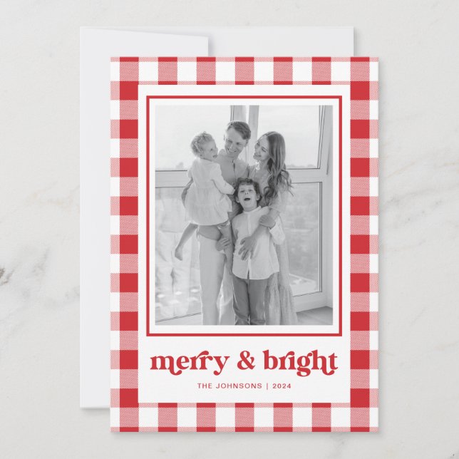Red Gingham Photo jul Card Merry & Bright Inbjudningar (Framsida)