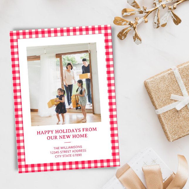 Red Gingham Plaid New Home Moving Christmas Photo Julkort (Skapare uppladdad)
