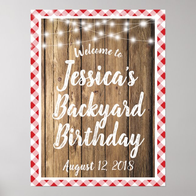 Red Gingham Rustic Wood Backyard BBQ Birthday Sign Poster (Framsidan)
