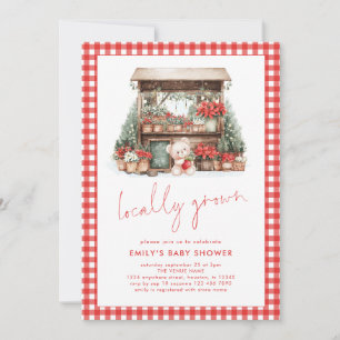 Red Gingham Script Locally Grown Julafton Baby Sho Inbjudningar