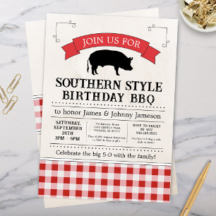 Red Gingham Southern BBQ Gris Roast Birthday Inbjudningar