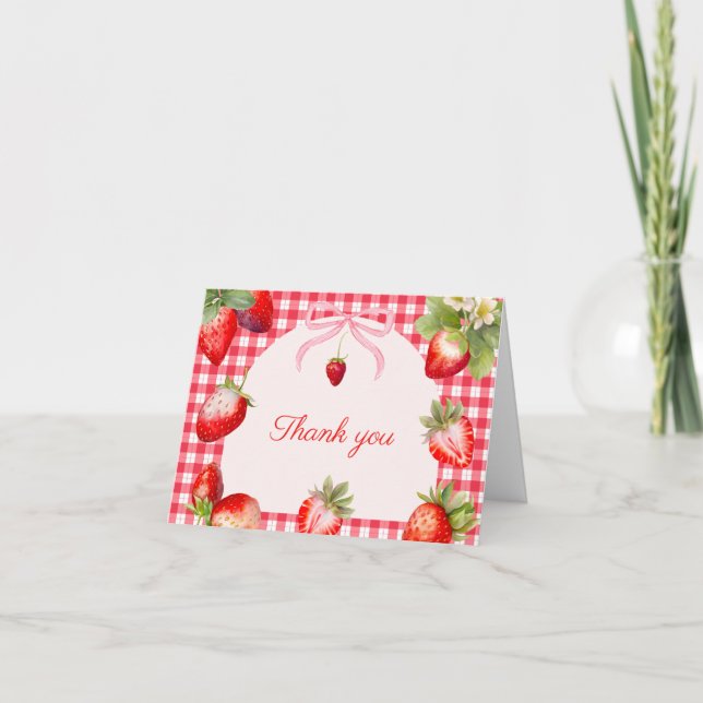 Red Gingham Strawberries Baby Shower Tack Kort (Framsida)