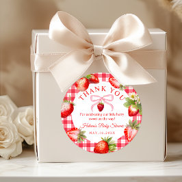 Red Gingham Strawberries Baby Shower Thank You Runt Klistermärke