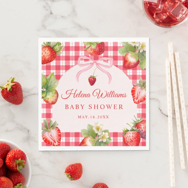 Red Gingham Strawberry Baby Shower Paper Napkin Pappersservett (Insitu)