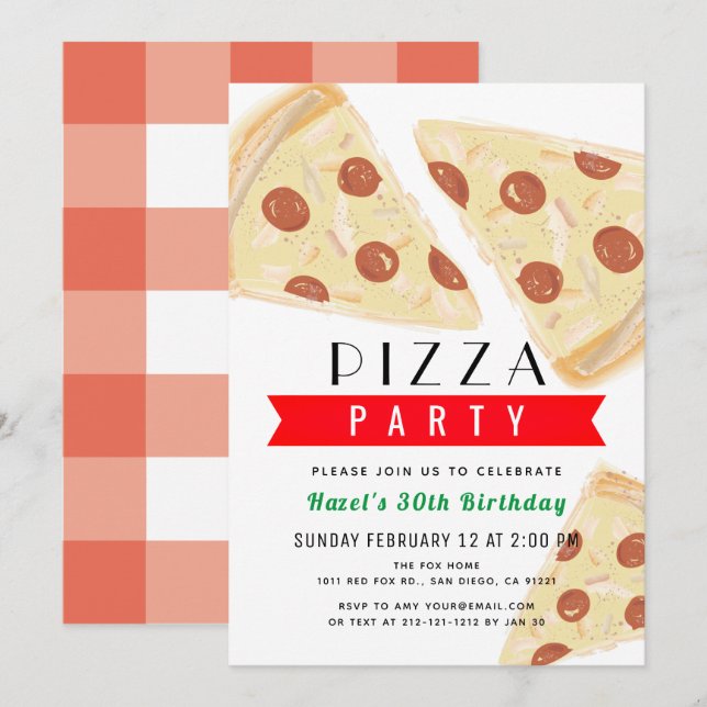 Red Gingham Vuxen Pizza Party Birthday Inbjudningar (Fram/baksida)