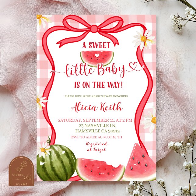 Red Gingham Watermelon Bow Summer Baby Shower Invi Inbjudningar (Skapare uppladdad)
