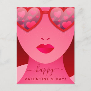 Red Girl Model Ansikte Heart Sunglasses Kärlek Nam Helg Vykort