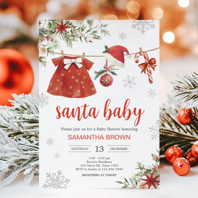 Red Girl Santa Baby Shower Inbjudningar (Santa Baby Clothesline Baby Shower Invitation)