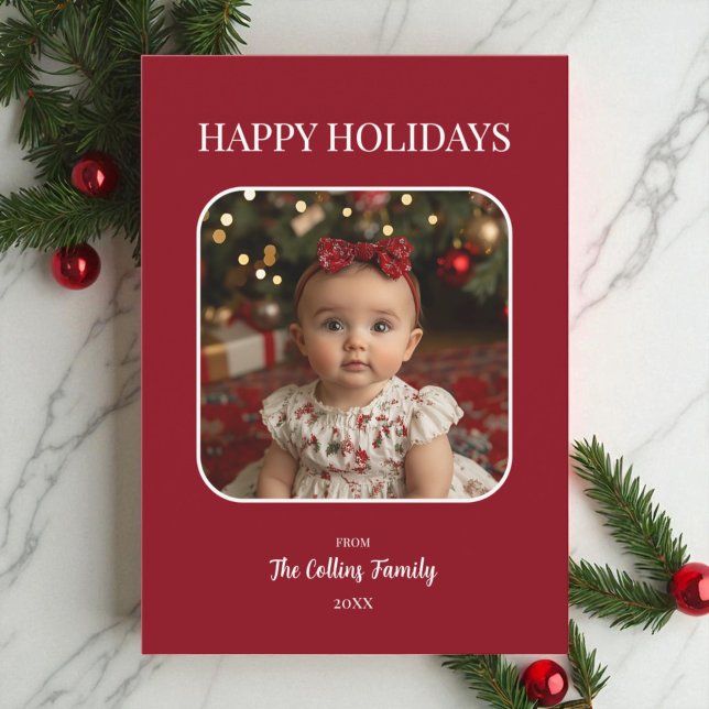 Red Glad helg Baby Photo Minimalist jul Julkort (Red Happy Holidays Baby Photo Minimalist Christmas Holiday Card)