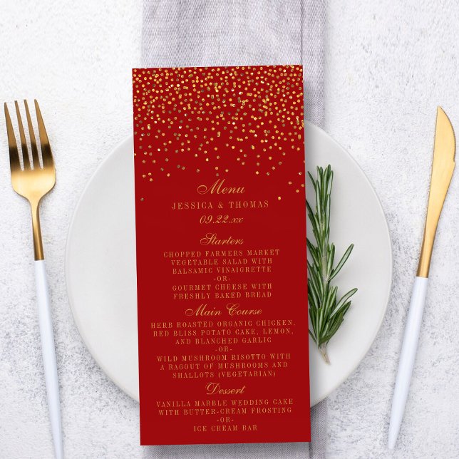 Red & Glam Guld Confetti Bröllop Menu Meny (Skapare uppladdad)