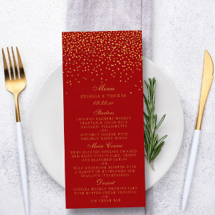 Red & Glam Guld Confetti Bröllop Menu Reklamkort