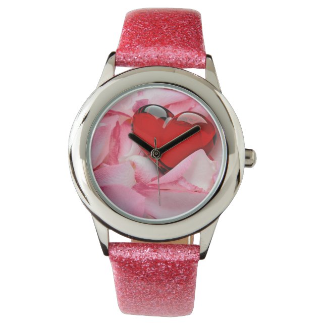 Red Glass Heart Ro Petals Armbandsur (Framsida)