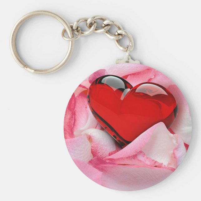 Red Glass Heart Ro Petals Nyckelring (Framsidan)