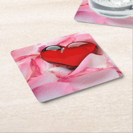 Red Glass Heart Ro Petals Underlägg Papper Kvadrat