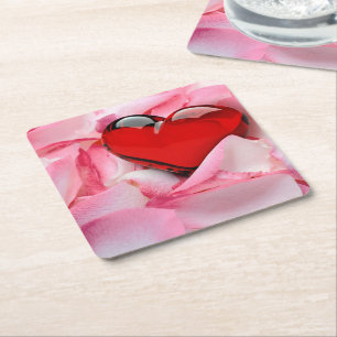 Red Glass Heart Ro Petals Underlägg Papper Kvadrat