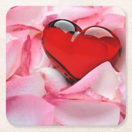 Red Glass Heart Ro Petals Underlägg Papper Kvadrat