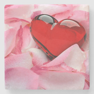 Red Glass Heart Ro Petals Underlägg Sten