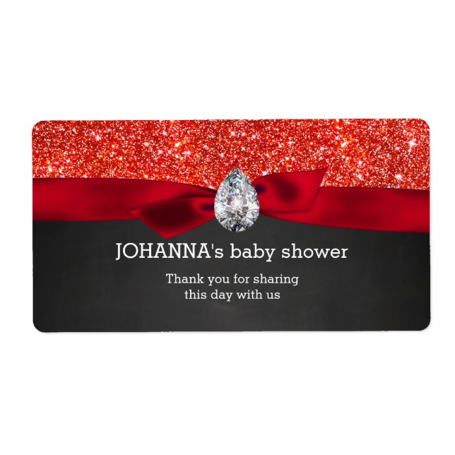 Red Glitter Baby Shower Chalkboard-Vattenflaska Fraktsedel (Framsidan)