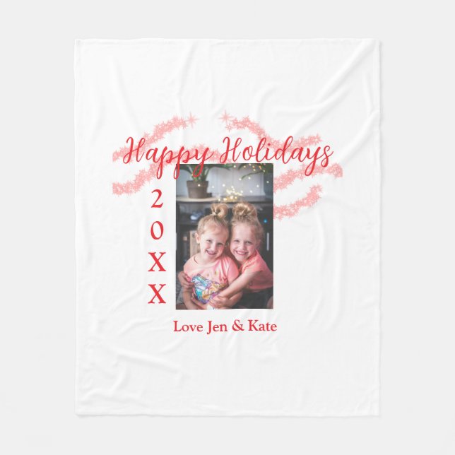 Red glitter-barnfamiljfoto glad helg namn fleecefilt (Framsidan)