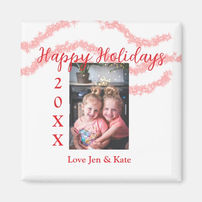 Red glitter-barnfamiljfoto glad helg namn magnet (Framsidan)