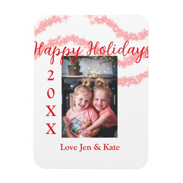 Red glitter-barnfamiljfoto glad helg namn magnet (Vertikal)