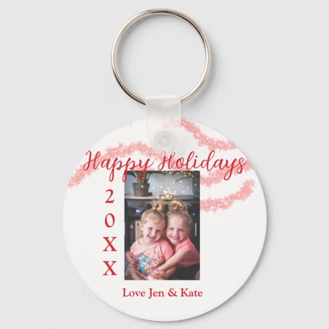 Red glitter-barnfamiljfoto glad helg namn nyckelring (Framsida)