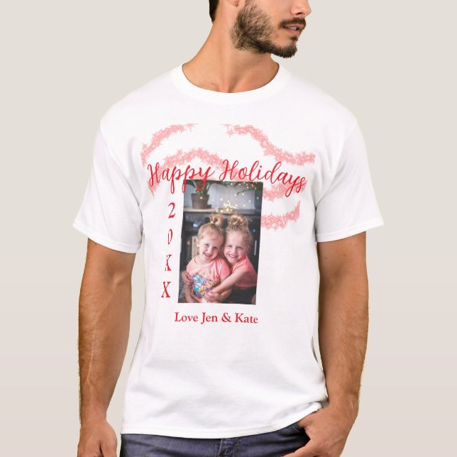 Red glitter-barnfamiljfoto glad helg namn t shirt (Framsida)