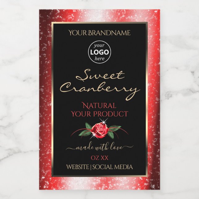 Red Glitter Black Product Labels Röd ros Add Logot Mat Etikett (Singel etikett)