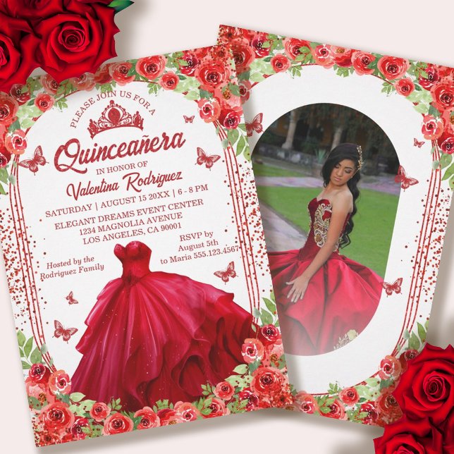 Red Glitter Blommigt Gnistra Quinceanera Inbjudningar (Red Glitter Floral Sparkle Quinceanera Invitation)