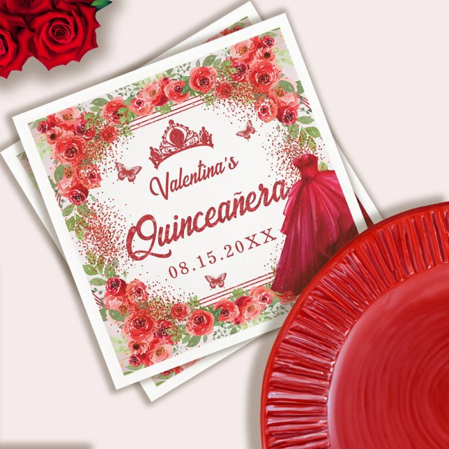 Red Glitter Blommigt Quinceanera Party Pappersservett (Red Glitter Floral Quinceanera Party Napkins)