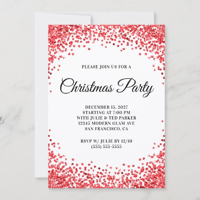Red Glitter Border White Christmas Party Inbjudningar (Framsida)