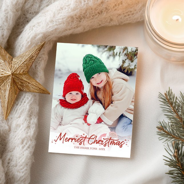 Red Glitter Calligraphy Photo Merriest jul Vykort (Skapare uppladdad)
