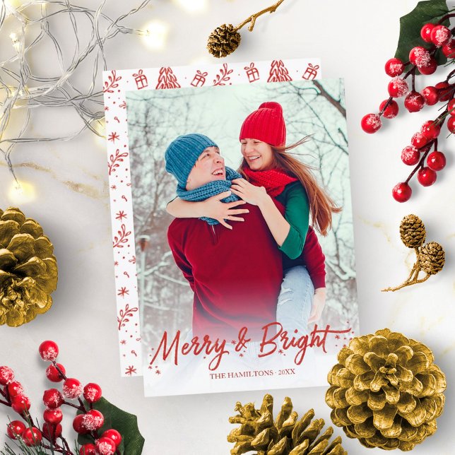 Red Glitter Calligraphy Photo Merry and Bright Inbjudningar (Skapare uppladdad)