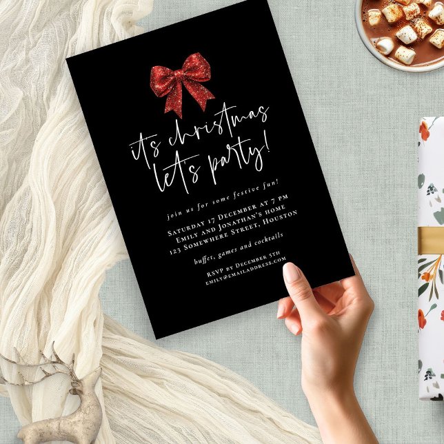 Red Glitter Coquette Bow Lets Party jul Inbjudningar (Skapare uppladdad)