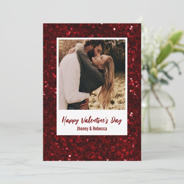 Red Glitter Couple Photo Happy Valentine's Day  Julkort (Stående Fram)