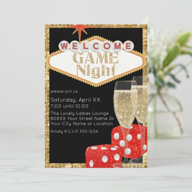 Red Glitter Dice & Champagne Black Game Night Inbjudningar (Stående Fram)