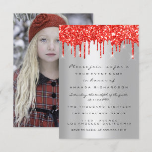 Red Glitter Drips Silver Möhippa Sweet 16th Birthd Inbjudningar