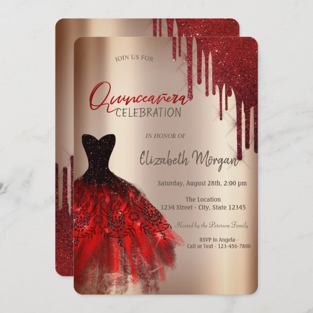 Red Glitter Drives Dress Quinceañera Inbjudningar (Fram/baksida)