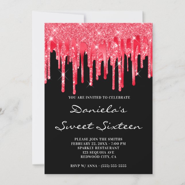 Red Glitter Foil Dricks Black Sweet sixteen Inbjudningar (Framsida)