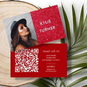 Red Glitter Foto Social Media QR-kod Visitkort