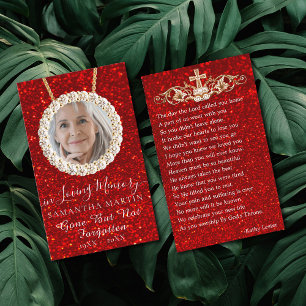 Red Glitter Funeral Memorial Prayer Photo Card Visitkort