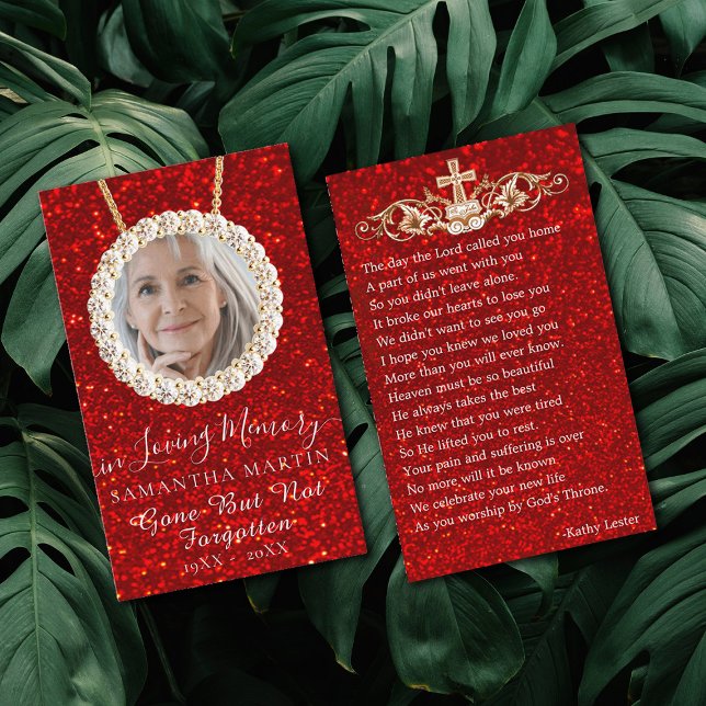 Red Glitter Funeral Memorial Prayer Photo Card Visitkort (Skapare uppladdad)