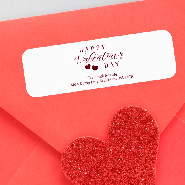 Red Glitter Glad Alla hjärtans dag Hearts Returadress Etikett (Red Glitter Effect Happy Valentine's Day Hearts Label.)