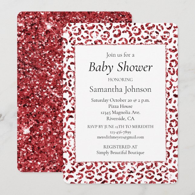 Red Glitter Gnistra Leopard Print Inbjudningar (Fram/baksida)