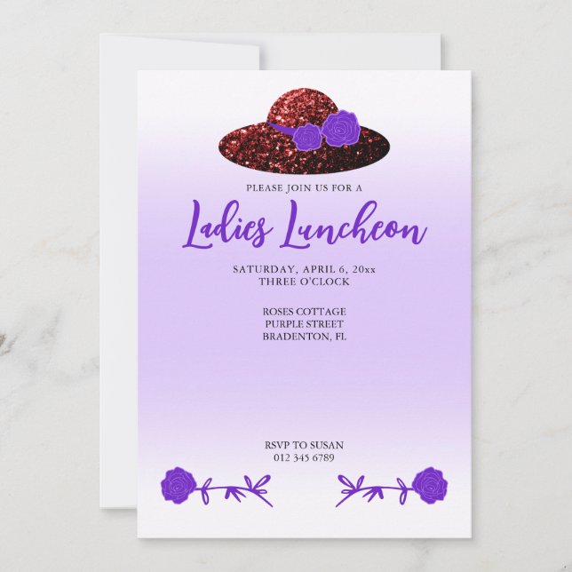 Red glitter hat lila lavender Dam Luncheon Inbjudningar (Framsida)